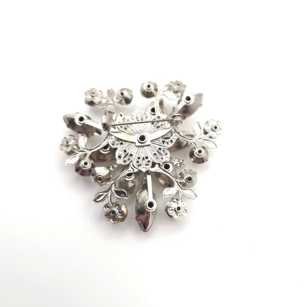 Vintage Floral Sunburst‎ Brooch Champagne Moonstone Amber Rhinestone Silver Tone
